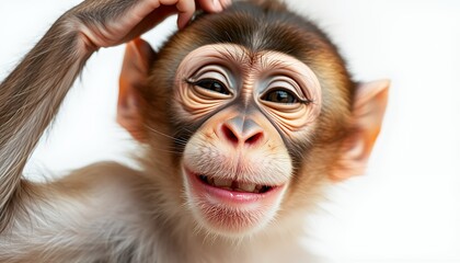 Curious Young Monkey Scratching Head, Close-Up Portrait