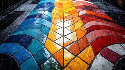 Fototapeta premium Colorful mosaic pathway, outdoor, sunlight reflection, urban art, design texture