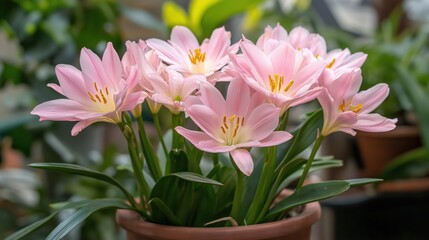 Obraz premium Delicate Pink Flowers in Terracotta Pot, Soft Lighting