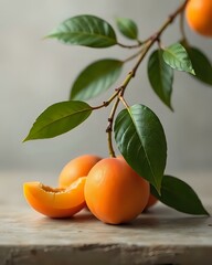 image en très gros plan d'une branche d'un abricotier sur laquelle il y a des abricots oranges et mûrs