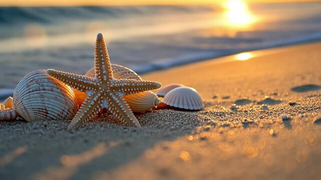 This peaceful beach scene features a starfish and delicate shells resting on warm sand. Perfect for nature themes, it evokes calmness and relaxation. Generative AI