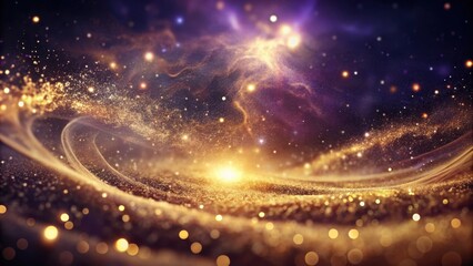 A celestial wave of golden stardust swirls across the cosmic landscape, creating a mesmerizing spectacle of shimmering light and ethereal beauty.