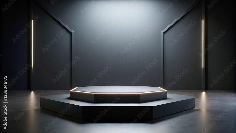 Poster a minimalist black hexagon podium with glowing edges, set against a dark backdrop with soft lighting
