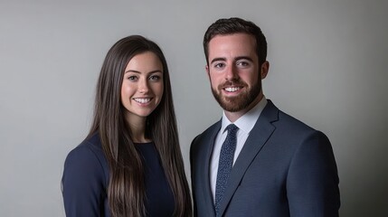 Smiling business professionals studio portrait, gray backdrop, website use