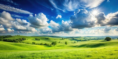 Obraz premium Pasture landscape with rolling hills and vast expanse of green grass under a bright blue sky with fluffy white clouds
