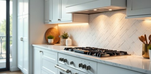 Modern Kitchen with White Cabinets and Gas Stovetop