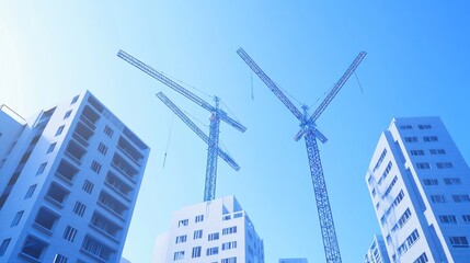 Fototapeta premium Urban construction site cranes building modern apartments under sunny sky
