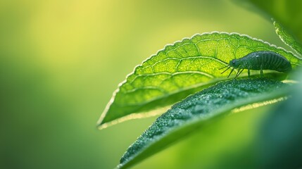 Obraz premium Dark Insect on Dewy Green Leaves in Sunlight