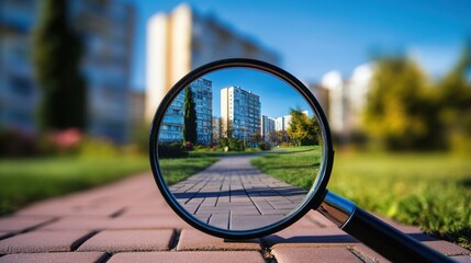 Magnifying glass focuses on apartment buildings, park pathway; urban real estate search