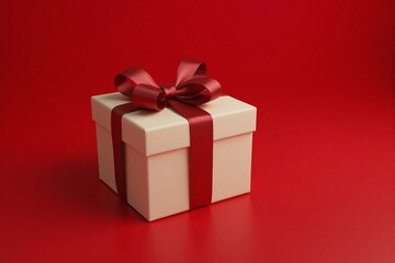 Obraz premium gift box with red ribbon on rich red background cream color