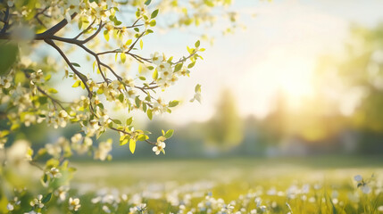 Obraz premium Vibrant digital spring landscape with blossoming trees and wildflowers against warm sunset sky