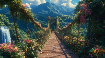 Obraz premium Vibrant Tropical Landscape with a Flower-Adorned Bridge and Waterfall
