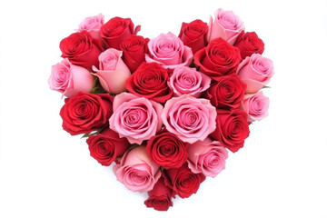 heart shaped arrangement of red and pink roses on plain white background