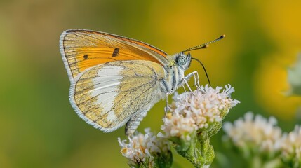 Obraz premium Orange And White Butterfly On White Flower, Soft Green Yellow Bokeh Background