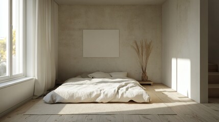 Serene Minimalist Bedroom Interior with Sunlight Streaming Through Window