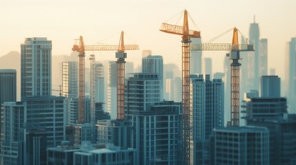 Sunrise city construction cranes skyscrapers development