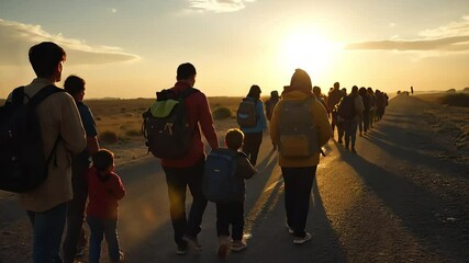 Refugees Walking Along a Road with Few Belongings, Migrating from disaster