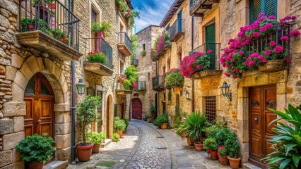 Fototapeta premium Narrow cobblestone street lined with ancient stone buildings and ornate balconies, Mediterranean style, blooming flowers