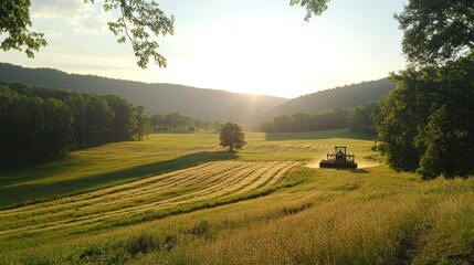 Fototapeta premium A serene landscape at sunset with a tractor working in a lush, green field.