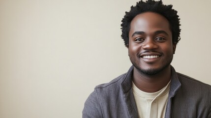 Obraz premium Smiling man portrait, beige background, indoor studio shot, headshot, website profile
