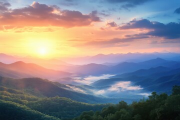 Fototapeta premium Tranquil sunrise over rolling hills with soft clouds and golden light in the valley