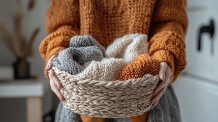 Obraz premium Close-up image of a woman's hands gently holding knitted sweaters or garments within a light brown woven basket.