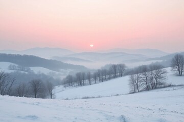 Fototapeta premium Tranquil winter sunrise illuminating the snowy landscape with pink hues