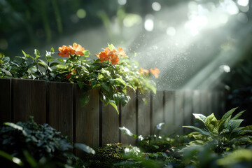 Fototapeta premium Sunlit garden with orange flowers and wooden fence in morning dew