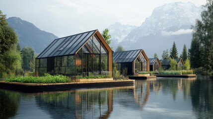 Modern Glass and Wood Cabins on a Calm Mountain Lake