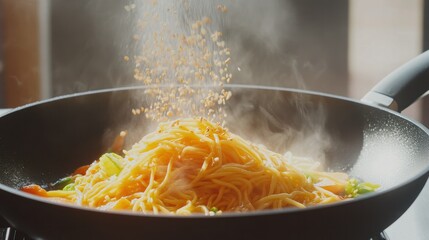 A frying pan brimming with yellow noodles, tossed with fresh vegetables and garnished with sesame seeds.