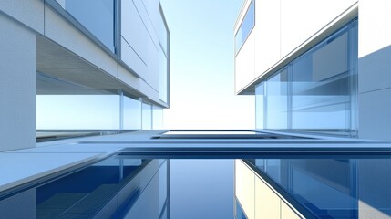 Fototapeta premium Modern architecture, poolside reflection, clear sky, luxury design, real estate