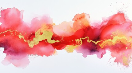 Obraz premium Abstract watercolor splash in vibrant red, blush, and gold with subtle heart patterns, perfect for modern and artistic Valentine's Day designs.
