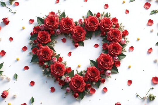 heart shaped arrangement of flowers red roses white background