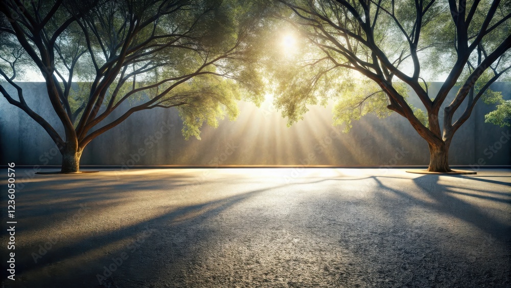 Aufkleber sunlight streams through the branches of two trees, casting long shadows on the empty asphalt.