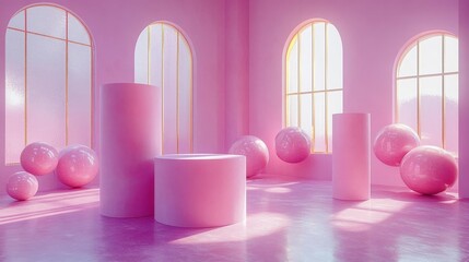 Modern pink and gold studio setup with geometric elements and soft shadows. Generative AI