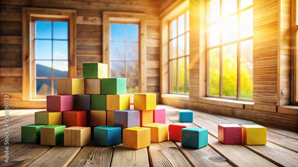 Poster A colorful pyramid of wooden blocks sits on a hardwood floor in a room with large windows and bright sunlight streaming in.