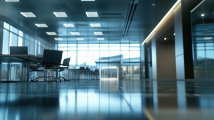Modern office hallway, empty desks, city view, corporate meeting