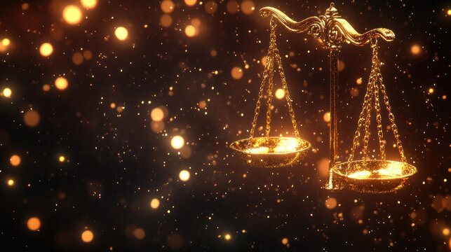 Golden scales of justice, bokeh background, legal concept, website banner (1)