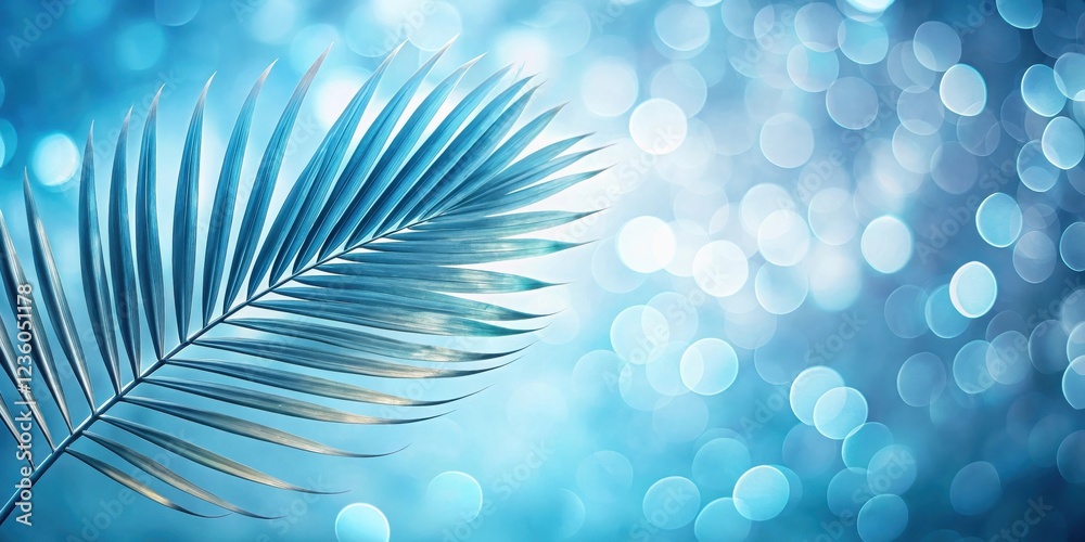 Leinwandbilder a single palm frond extends into a blue bokeh background, creating a serene and tranquil atmosphere.