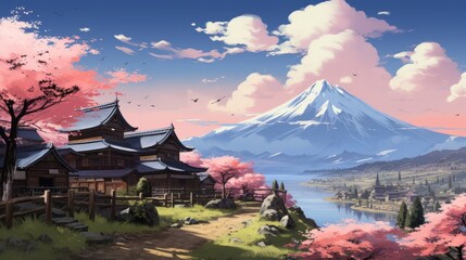 Fototapeta premium Serene Japanese Countryside Landscape Featuring Rice Pads, Cherry Blossoms, and Majestic Mountain Under a Beautiful Sky with Soft Clouds