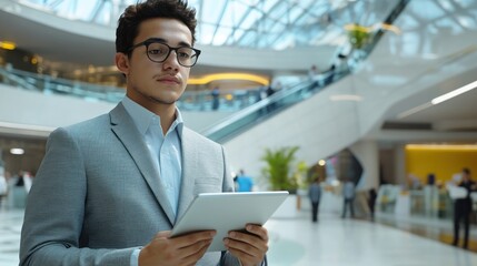 Man using tablet in modern atrium, business, planning