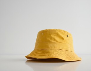 A stylish yellow bucket hat displayed on a clean, white background.