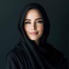 Naklejka premium Elegant portrait of a smiling woman wearing a black hijab, radiating confidence and grace against a dark background. Timeless beauty and cultural identity.