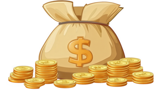 A yellow money bag with gold coins and US dollars next to it