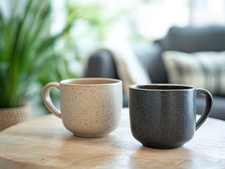 Two ceramic mugs, one light and one dark, on a wooden table with blurred background