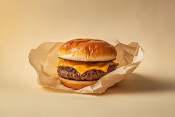 Juicy cheddar burger on a fresh bun wrapped in rustic paper against a soft beige backdrop