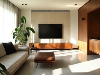 Fototapeta premium Modern living room with wood cabinets, a large plant, comfortable sofa and a tv