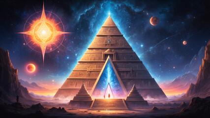 An esoteric pyramid under a starry night sky. Hermetic and ancient wisdom concept.