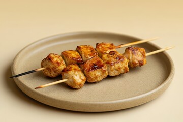 Skewers of savory chicken glisten in warm light on a minimalist plate, inviting a delicious culinary experience