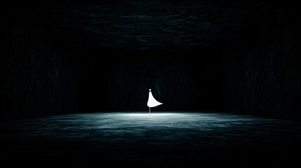 White flag in dark room; surrender, hope concept